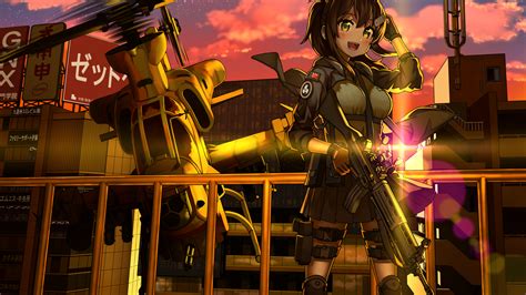 Download 1920x1080 Anime Girl Soldier Military Uniform Helicopter Smiling Gun Buildings