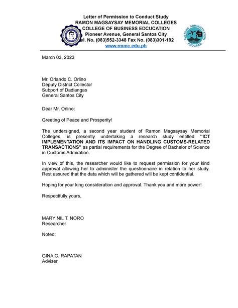 Letter OF Permission To Conduct Survey Letter Of Permission To Conduct Study RAMON MAGSAYSAY