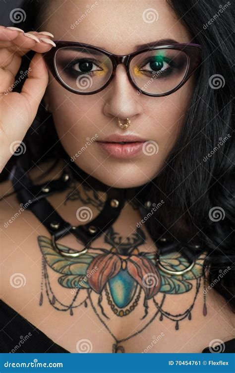 Portrait Of Woman In Glasses With Piersing In Nose Stock Image Image Of Cosmetics Nice 70454761