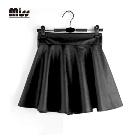 Miss 2016 Spring High Waist Faux Leather Black Pleated Skirt Mini For Women Short Sexy Pu Flared