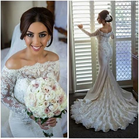 new arrive wedding dresses long sleeve elegant mermaid off shoulder boat neck crystal lace white