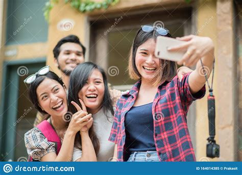 Group Of Friends Taking Selfie In A Urban Street Having Good Fun Stock Image Image Of Selfie