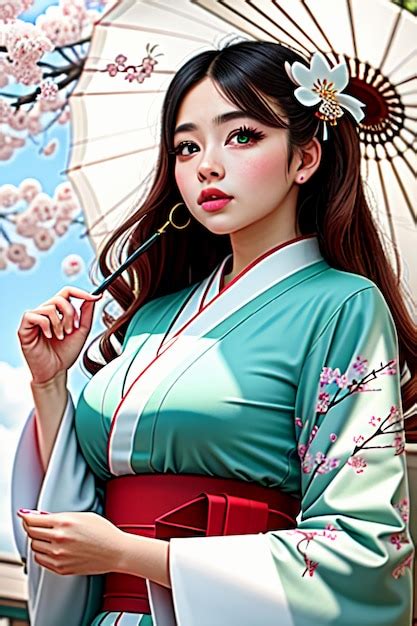 Premium Ai Image A Girl In A Kimono Holding An Umbrella