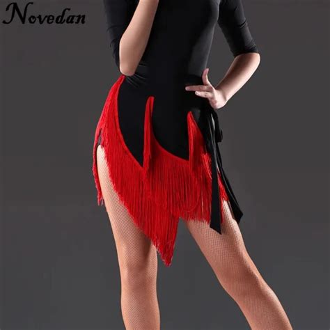 Women Ballroom Skirt Black Red Samba Salsa Latin Tango Dance Dress Skirt Unequal Fringe Ballroom