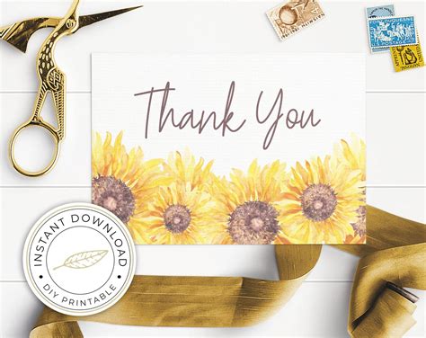 Sunflower Thank You Cards Template Printable Digital Etsy Card