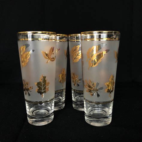 4 Vintage Libbey Glass 22k Gold And Frosted Leaves Pattern 14oz Etsy