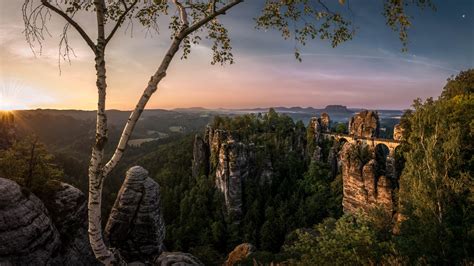 Bastei Bridge Birch Elbe Sandstone Mountains Forest Germany Landscape