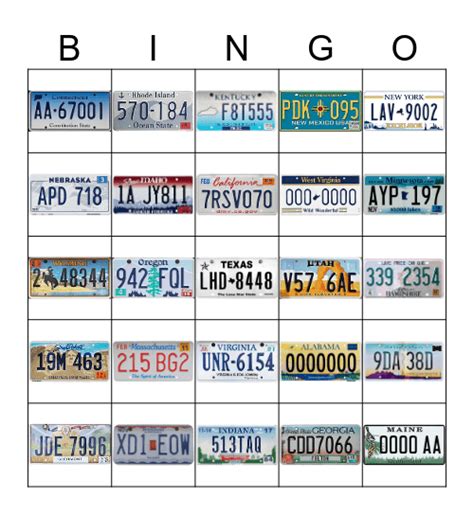 License Plates Bingo Card