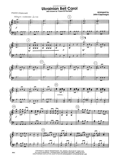 The piano arrangement of carol of the bells, by nicholas steinbach, utilizes many arpeggios mixed with large block chords. Ukrainian Bell Carol (Carol Of The Bells) - Piano Accompaniment at Stanton's Sheet Music