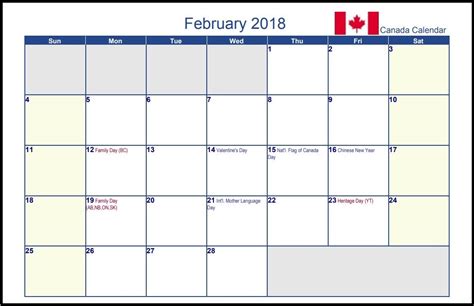 Canada February 2018 Holidays Calendar 2018 Holiday Calendar Holiday