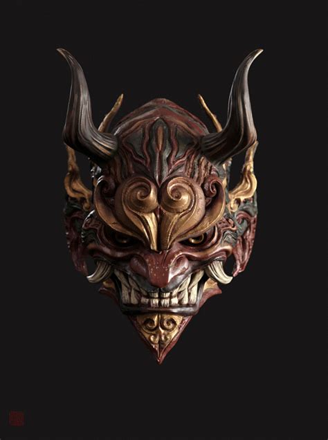 An Animal Mask With Horns And Fangs On Its Face Against A Black
