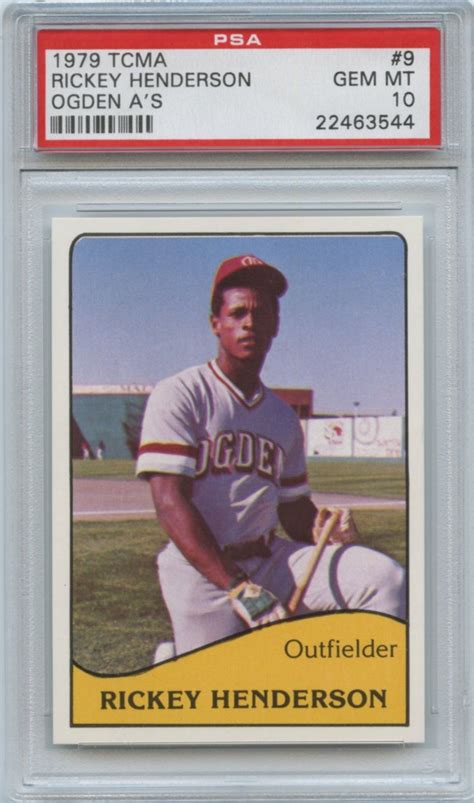 The reverse side of the card is. Lot Detail - Rare 1979 TCMA Ogden A's #9 Rickey Henderson RC Rookie Card PSA 10 Gem Mint Pop 10 ...