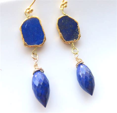 Blue Lapis Marquis Cut Earrings Lapis Lazuli With Gold Leaf