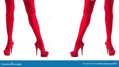 Female Legs In Fetish Red Stockings And Red High Heels Isolated On White Entertainment Show