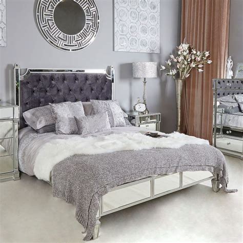 Athens Silver Mirrored King Size Bed Frame With Velvet Headboard King