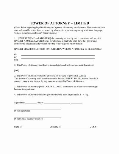 special power  attorney form   limited power  attorney form