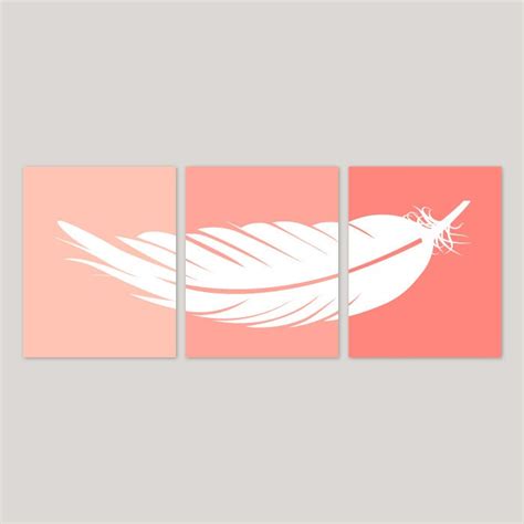 Triptych Feather Nursery Print Art Ombre Coral Wall Art Etsy