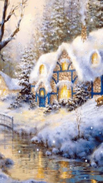 Moving Snowing Christmas Cottage Scene Snowing Christmas Scene 