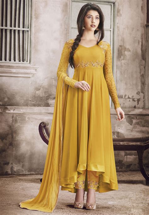Embroidered Georgette Asymmetric Pakistani Suit In Mustard