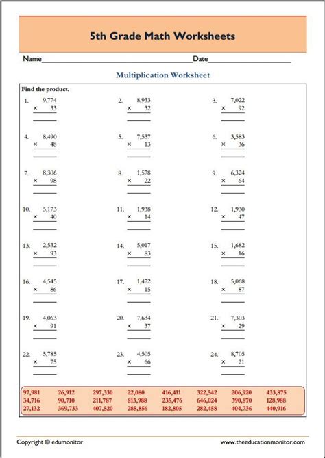 Free Printable Worksheets For 5th Grade Math Multiplication