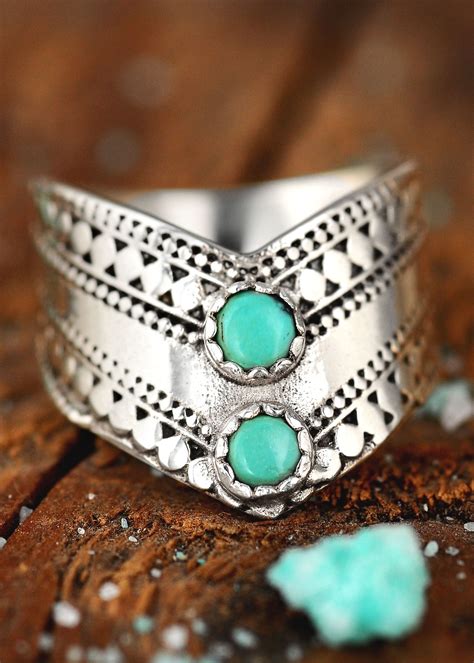 Chevron Boho Ring With Green Turquoise Sterling Silver In Womens