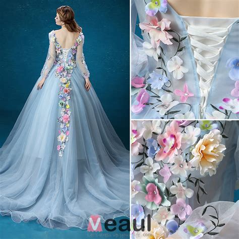 Flower Fairy Dress 2016 Long Sleeves Backless Handmade Colorful Flowers