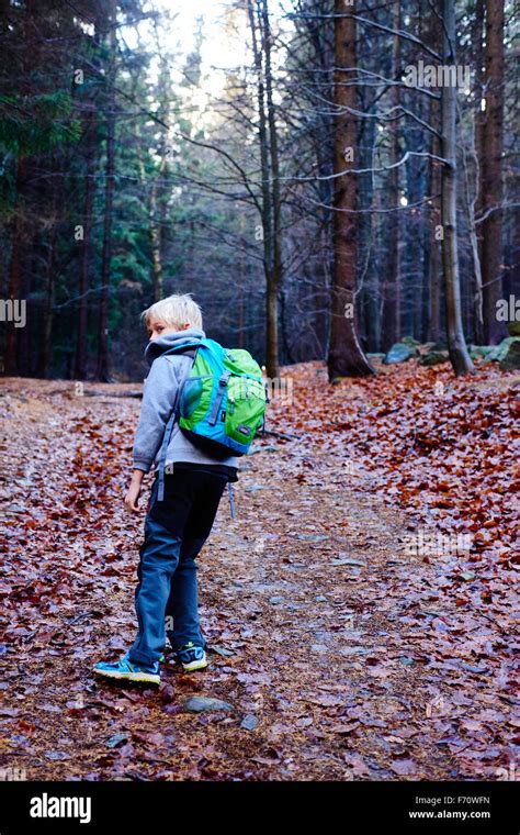 Full Length Portrait Of A Boy Walking Outdoor In A Forest Wandering