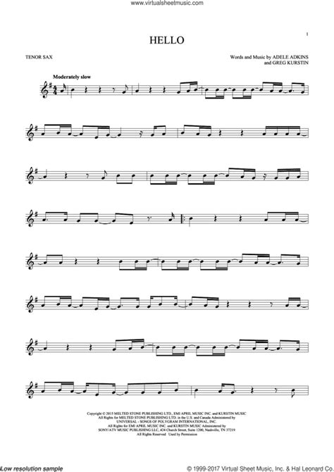 Adele Hello Sheet Music For Tenor Saxophone Solo Pdf