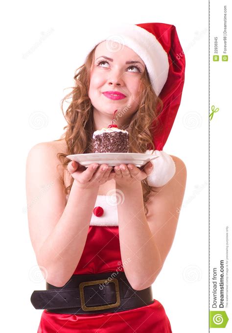 Girl In Santa Claus Clothes With Tasty Cake Stock Image Image Of