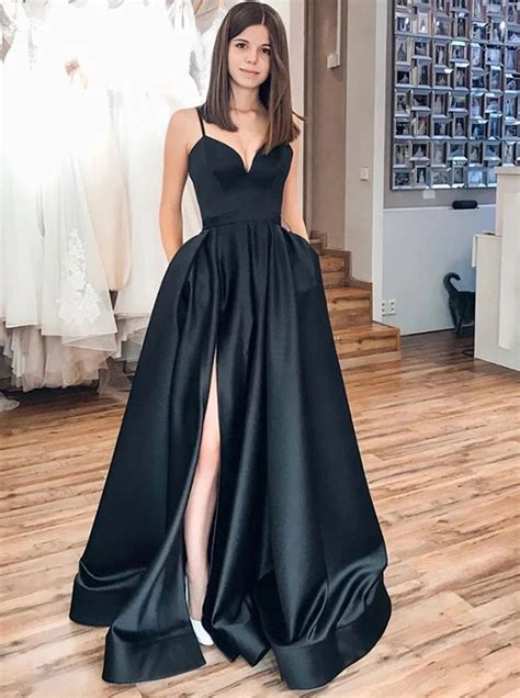 Simple Black Satin Long Prom Dresses Side Slit Elegant Evening Dress Uk