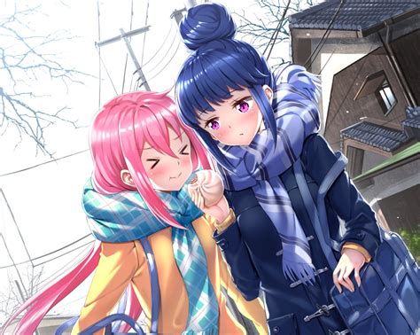 2girls blue hair blush cropped food kagamihara nadeshiko long hair pink hair purple eyes scarf
