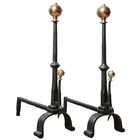 Pair Of Bronze And Wrought Iron Acorn Urn Finial Andirons At 1stdibs