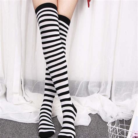 black white striped long stocking women warm cotton striped thigh high socks striped socks