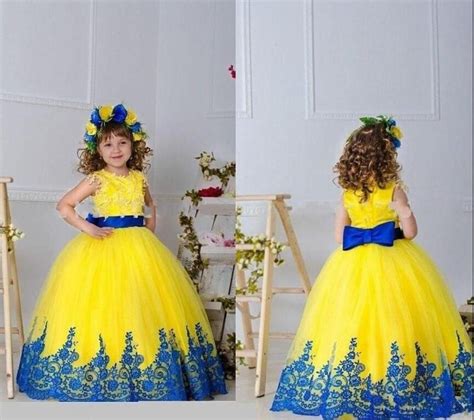2015 yellow and royal blue lace little flower girls dresses bridal party cinderella prin