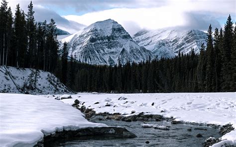 Download Wallpaper 3840x2400 Mountain Peak River Forest Snow Snowy