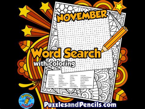 November Word Search Puzzles And Colouring Bundle 5 November