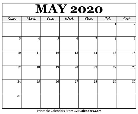 Blank Calendar For May 2020