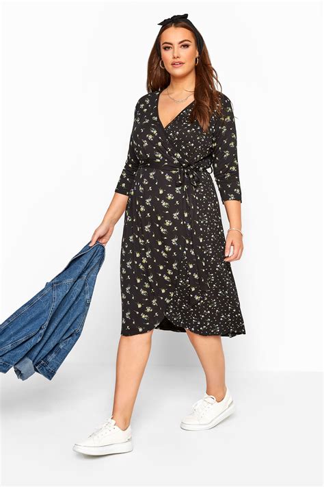 Black Mixed Floral Wrap Dress Yours Clothing