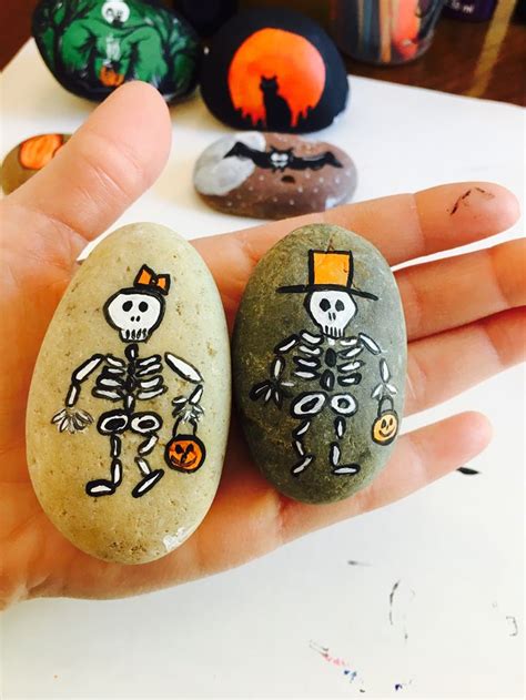 Trick Or Treat Skeletons Painted Halloween Rock ⚰️ Halloween Rocks