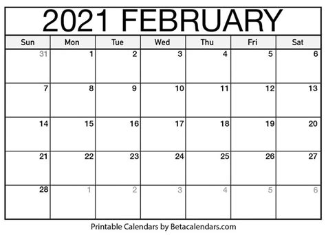 February 2021 Calendar Beta Calendars For 2021 Fill In Calendar