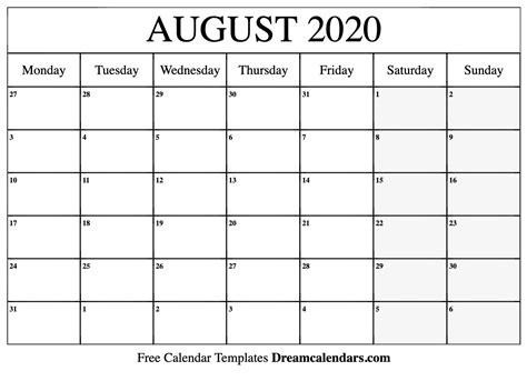 Download Printable August 2020 Calendars