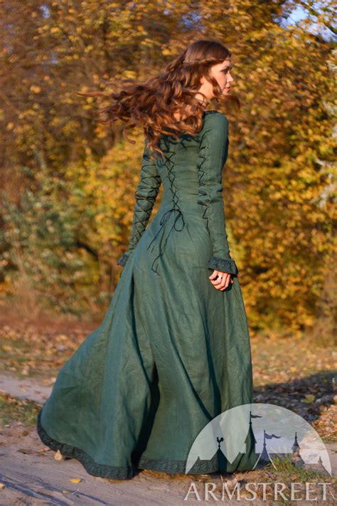 Medieval Natural Flax Lined Dress With Surcoat And Chaperone Autumn