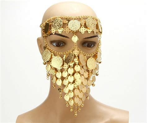 Coin Face Mask Belly Dancing Costume Veil Tribal Arab Gold Plated