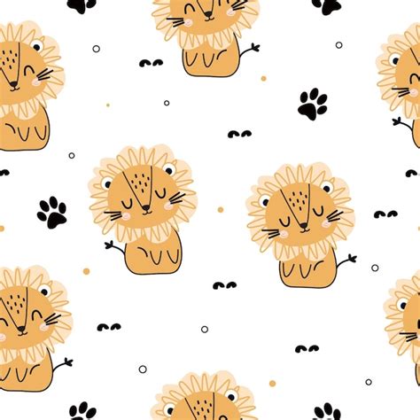 Premium Vector Seamless Pattern With Cute Lions And Footprint Vector