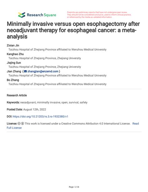 Pdf Minimally Invasive Versus Open Esophagectomy After Neoadjuvant