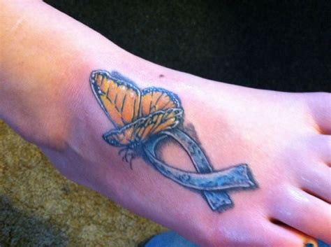 Blue Ribbon And Butterfly Foot Tattoo