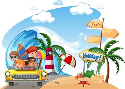 Vacation Roadtrip On The Beach With Many Children 7094668 Vector Art At