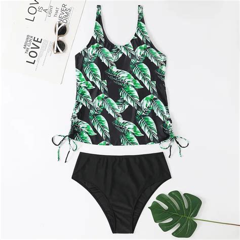 Plus Size Tropical Print Side Drawstring Bikini Set Womens Plus