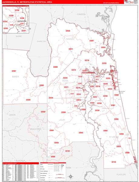 Jacksonville Fl Metro Area Wall Map Red Line Style By Marketmaps