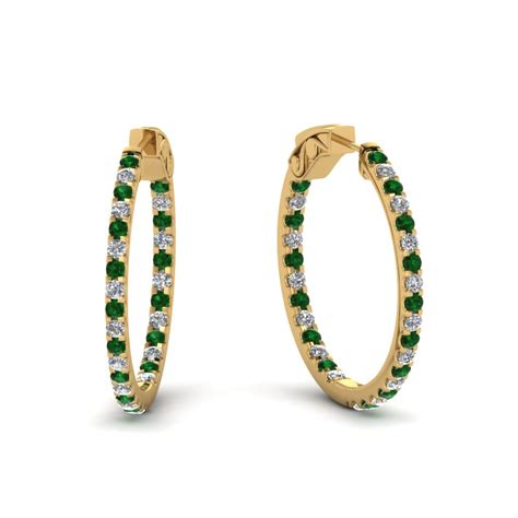 Carat Diamond In And Out Hoop Earring With Emerald In K Yellow Gold